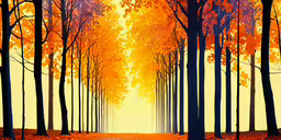 the view from a bench looking at the trees,a painting shows a bright yellow and purple path leading into a forest of trees