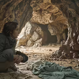 a person in a rock cave kneeling down