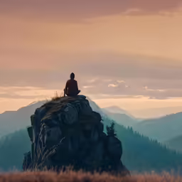 the person is sitting on top of the rock, with a view