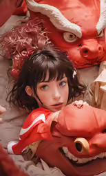 a girl in a red shirt is laying on the ground next to two red masks