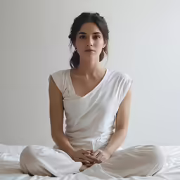 a woman sitting in a white dress on top of a bed