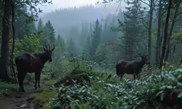 two elk stand in the forest on a foggy day