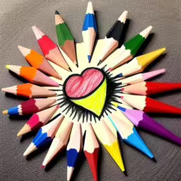 a heart made out of crayons with some colored pencils next to it,a drawing of a heart surrounded by multicolored pencils