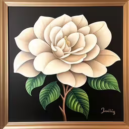 a painting of a large white flower on black,a picture of a large flower with leaves painted on the background
