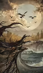 birds flying over water near tree limbs in a painting