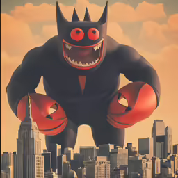 a monster with big red eyes is standing in front of a city skyline