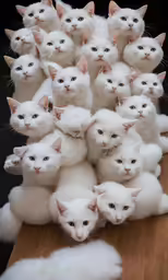 many white cats are standing in the middle of a pile