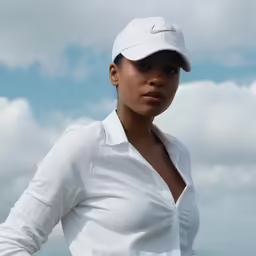 a woman with a baseball cap poses against a cloudy sky