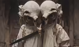 two strange looking monsters with huge eyes and large antennae