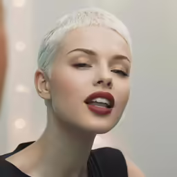 woman in black top with bright red lips