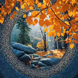 a stone wall in front of a tree with yellow leaves