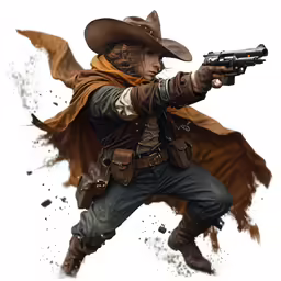 the figure is holding two guns with dust surrounding it