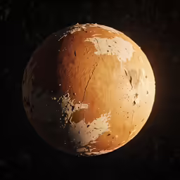 an extremely large, brown planet with some paint splatters on it