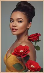 a woman posing with two roses in her hair