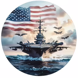an artwork piece of a navy battleship with a us flag