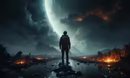 a man standing on the shore near fire and rocks in a storm - filled field