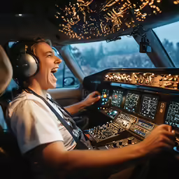 a young man is playing a computer and is in the cockpit
