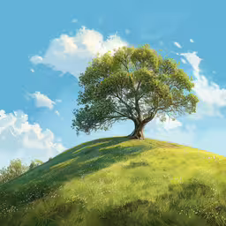 a painting of a tree at the top of a hill,a single tree is standing on a grassy hill