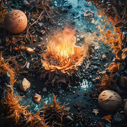 there are several rocks and stones that are burning in the ground