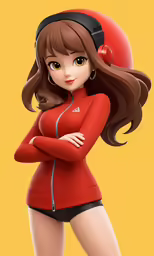 a girl in red uniform is posing for a picture