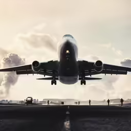 people on the tarmac watching a large airplane take off