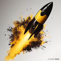 a yellow and black rocket on a gray and black background