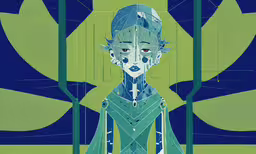 a digital painting of a girl with an artistic headpiece,a cartoon character wearing blue and green
