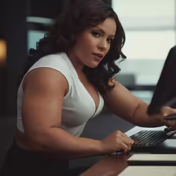 a woman working on her computer in a well lit room