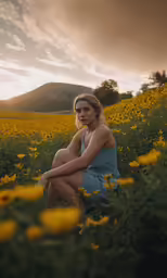 a woman sitting in a field of sunflowers looking to her left