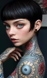 a woman with tattoos on her back posing for the camera