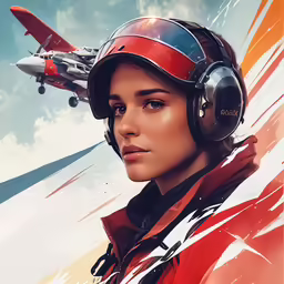 the artwork features an aircraft over a beautiful woman in red