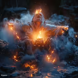 a person sitting down in the smoke with their hands open