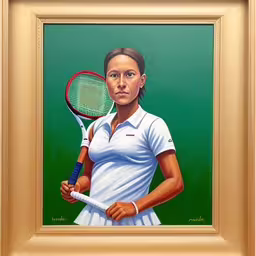 a painting of a woman holding a tennis racket,a painting of a female tennis player in a yellow frame