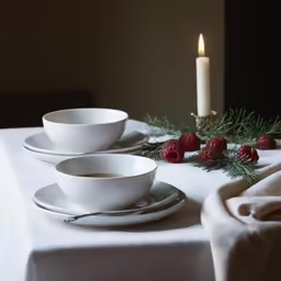 white plates and cups, with berries and candle lite on the background