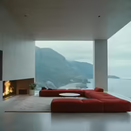 a living area with a fire place in the middle of it