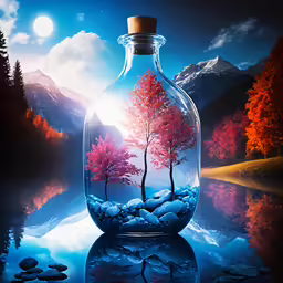 an artistic photo of a water bottle with tree in it