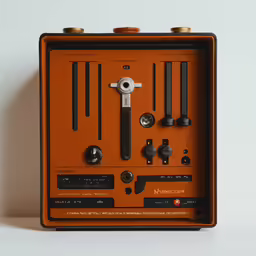an orange case with buttons and keys on a white surface