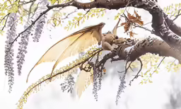 an angel bird is perched on a branch with wings