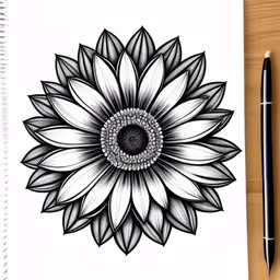 a flower is drawn on top of a sheet of paper,a drawing of a sunflower on paper