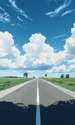 a long country highway in the middle of green grass and blue sky