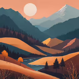 a mountain valley is shown with trees in the foreground and mountains in the background,a scenic artwork showing mountain scenery with trees and shrubs