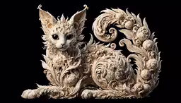 two carved sculptures, one depicting a cat and another on the ground