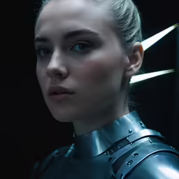 a woman in armor with her hair up and bangs clipped down