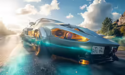 the front of an automobile driving through the sun