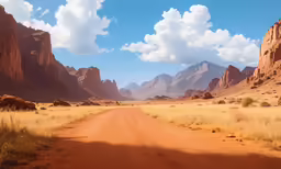 an empty dirt road in a desert setting with mountains in the background