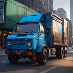 a blue truck driving down a street next to tall buildings,the truck is on the road and driving down the street