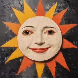 a painted sun face is depicted on a surface