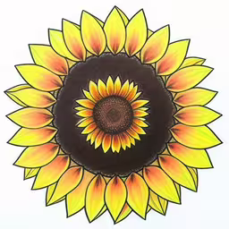a sunflower painted on white paper is shown,an image of a sunflower drawn with colored pencils