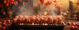 a grill with hot dogs on it and some vegetables