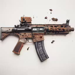 a brown and black gun with bullet shells on top of it